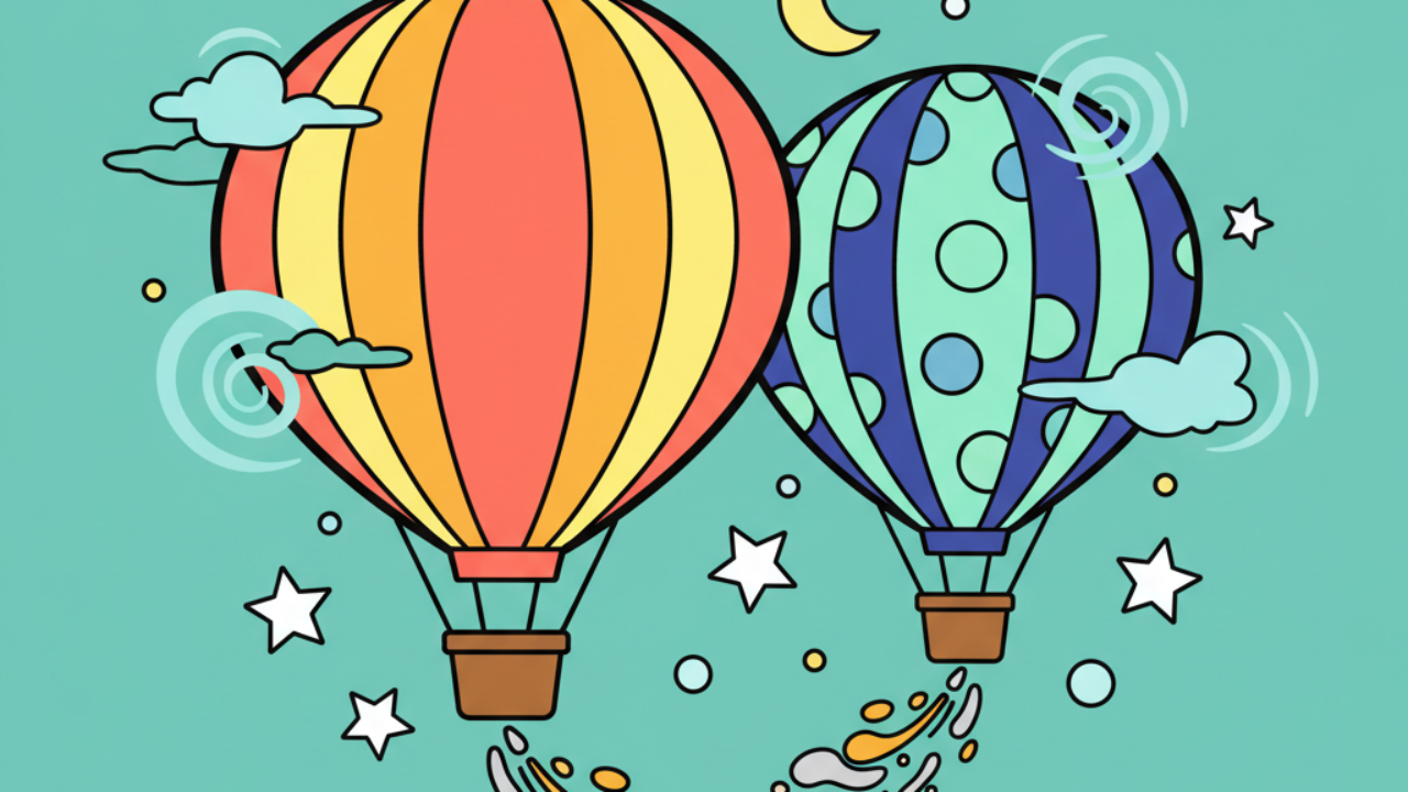 Cute Hot Air Balloon and Starry Night Sky Coloring Pages
