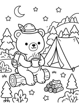 Desenho de Little Adventurer Bear Camping para colorir e imprimir grátis