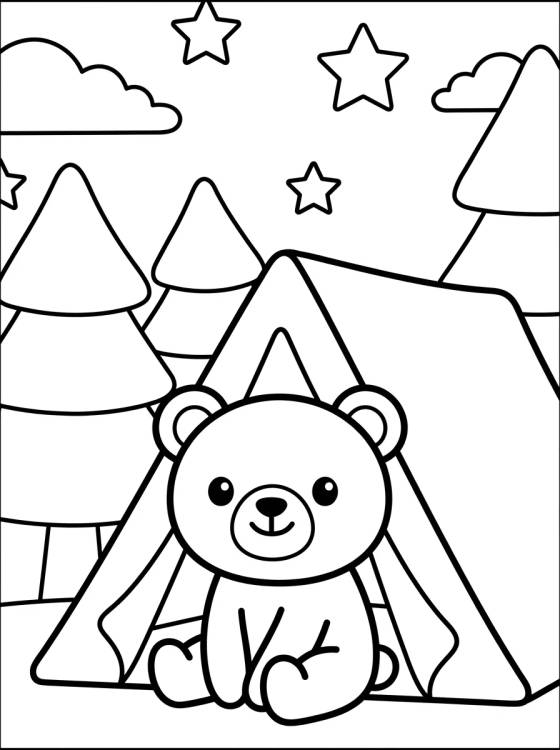 Desenho de Kawaii Teddy Bear in a Tent para colorir e imprimir grátis