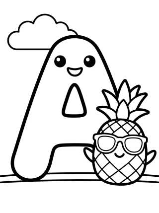 Desenho de Letter A with Cute Pineapple para colorir e imprimir grátis