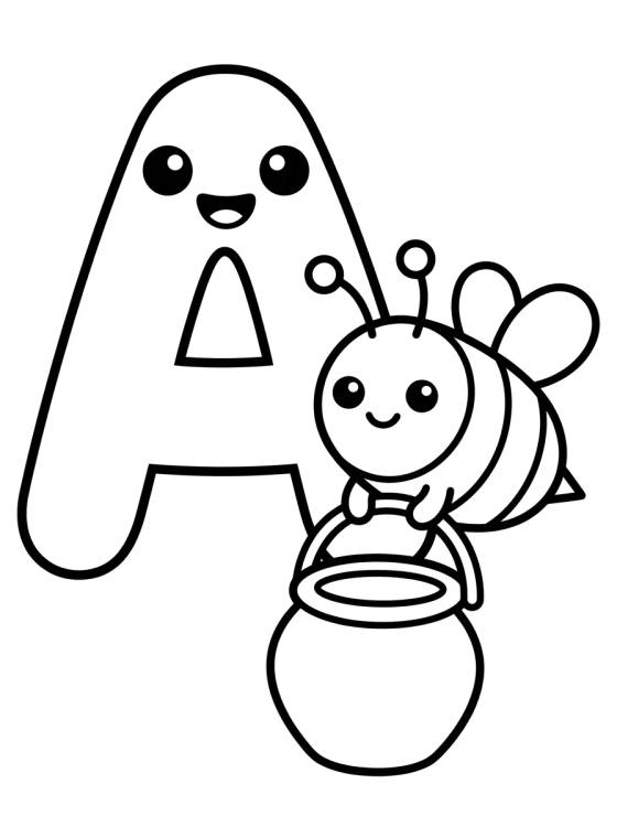 Desenho de Letter A with Cute Bee para colorir e imprimir grátis