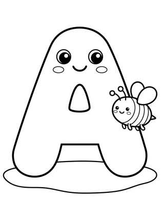 Desenho de Letter A with Kawaii Bee para colorir e imprimir grátis