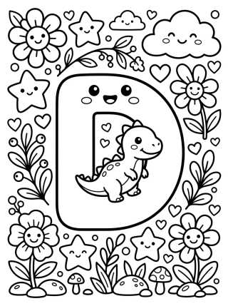 Desenho de Letter D with Cute Baby Dino para colorir e imprimir grátis