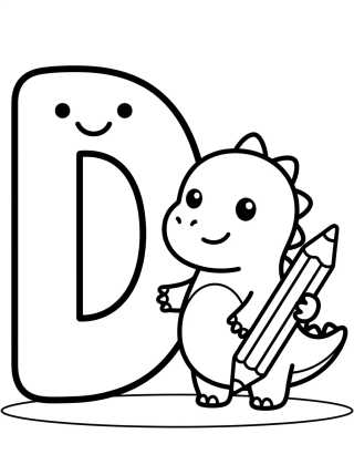 Desenho de Letter D and Cute Little Dinosaur para colorir e imprimir grátis