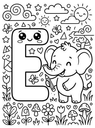 Desenho de Letter E with Charming Little Elephant para colorir e imprimir grátis