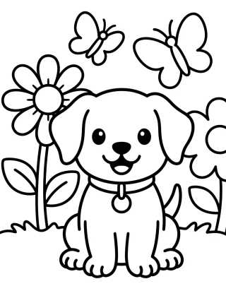 Desenho de Happy Puppy in the Garden para colorir e imprimir grátis