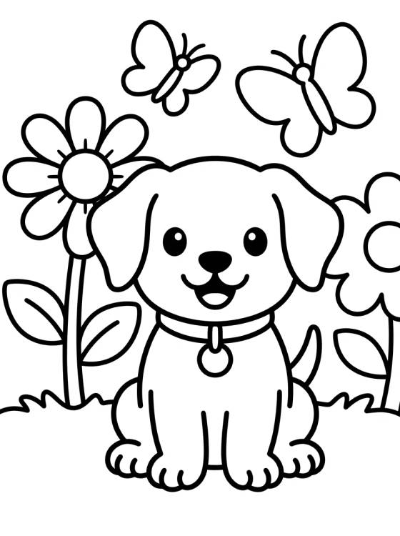 Desenho de Happy Puppy in the Garden para colorir e imprimir grátis