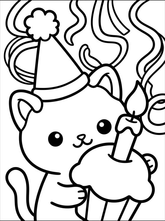 Desenho de Cute Kitten with a Birthday Hat para colorir e imprimir grátis