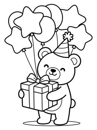 Desenho de Birthday Bear with Gift and Balloons para colorir e imprimir grátis
