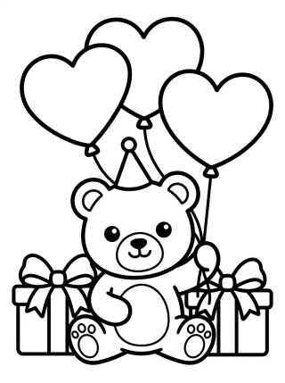 Desenho de Little Teddy Bear with Gifts and Balloons para colorir e imprimir grátis