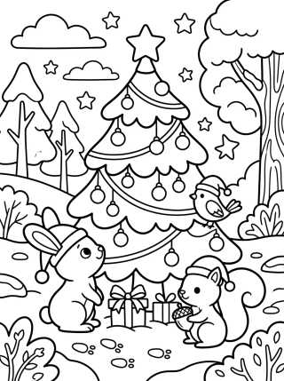 Desenho de Christmas Tree with Forest Animals para colorir e imprimir grátis