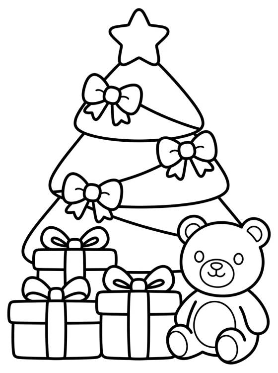 Desenho de Christmas Tree with Presents and Teddy Bear para colorir e imprimir grátis