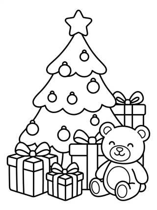 Desenho de Christmas Tree with Gifts and Teddy Bear para colorir e imprimir grátis