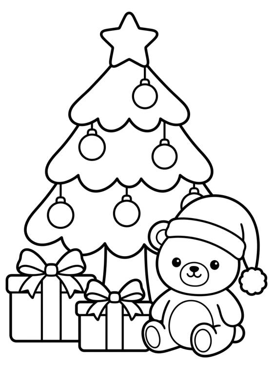 Desenho de Christmas Tree with Gifts and Teddy Bear para colorir e imprimir grátis