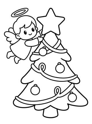 Desenho de Christmas Tree Decorated by a Cute Little Angel para colorir e imprimir grátis