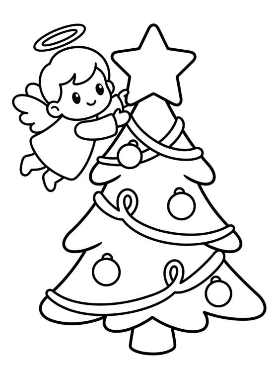 Christmas Tree Decorated by a Cute Little Angel para colorir Desenho de Christmas Tree Decorated by a Cute Little Angel para colorir e imprimir grátis