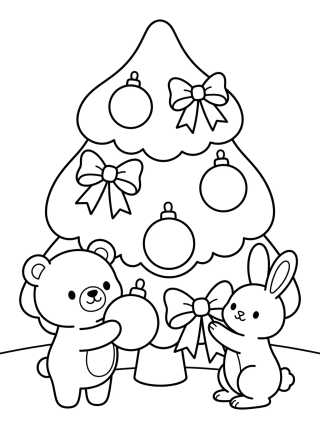 Desenho de Cute Animals Decorating the Christmas Tree para colorir e imprimir grátis