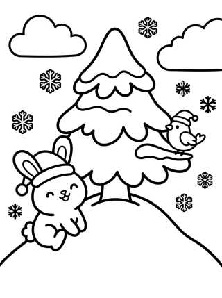 Desenho de Snowy Christmas Tree with Cute Animals para colorir e imprimir grátis