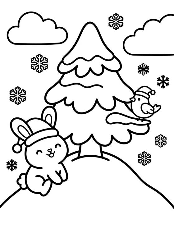 Desenho de Snowy Christmas Tree with Cute Animals para colorir e imprimir grátis