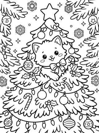 Desenho de Kitten Playing in the Christmas Tree para colorir e imprimir grátis