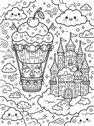 Desenho de Cupcake Balloon and Cloud Castle para colorir e imprimir grátis
