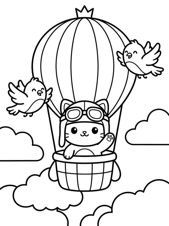 Desenho de Kitten Aviator in a Hot Air Balloon para colorir e imprimir grátis