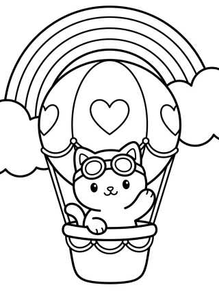 Desenho de Kitten Pilot in a Balloon with Rainbow para colorir e imprimir grátis