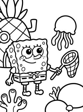 Desenho de SpongeBob Jellyfishing para colorir e imprimir grátis