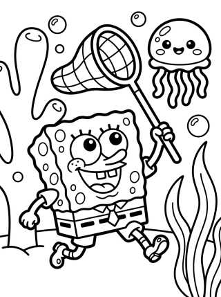 Desenho de SpongeBob Jellyfishing para colorir e imprimir grátis