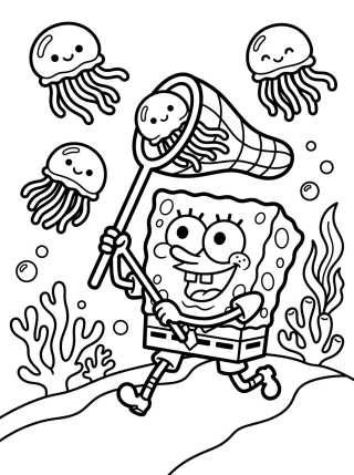 Desenho de SpongeBob Jellyfishing para colorir e imprimir grátis