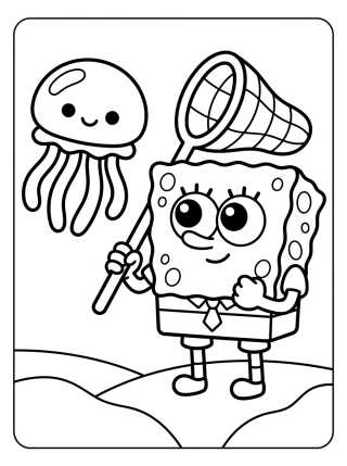 Desenho de SpongeBob Catching Jellyfish para colorir e imprimir grátis