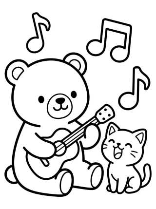 Desenho de Bobbie Bear and Kitty Playing Guitar para colorir e imprimir grátis