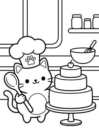 Desenho de Chef Cakey Cat in the Kitchen para colorir e imprimir grátis