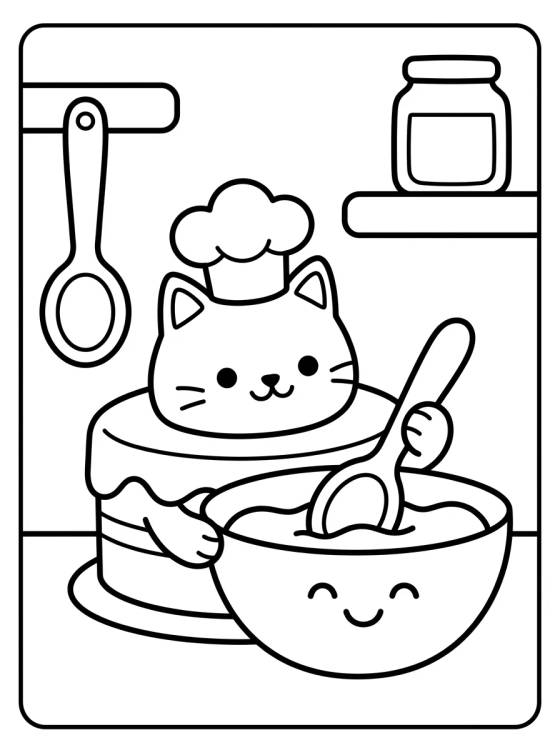 Desenho de Cakey Cat in the Magical Kitchen para colorir e imprimir grátis