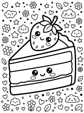 Desenho de Happy Strawberry Cake Slice para colorir e imprimir grátis