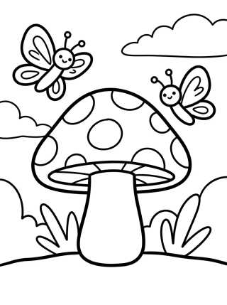 Desenho de Cute Butterflies Flying Near a Mushroom para colorir e imprimir grátis