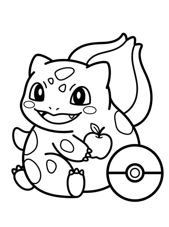 Bulbasaur with Apple and Pokéball para colorir Desenho de Bulbasaur with Apple and Pokéball para colorir e imprimir grátis