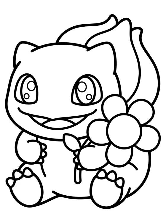 Free Kawaii Bulbasaur with Flower Coloring Page