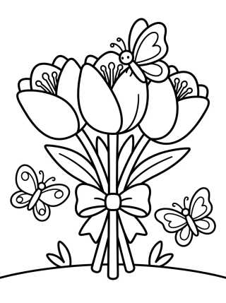 Desenho de Tulip Bouquet with Butterflies para colorir e imprimir grátis