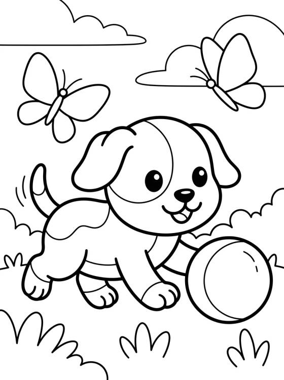 Desenho de Puppy Playing Ball in the Garden para colorir e imprimir grátis