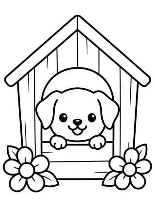 Desenho de Happy Puppy in Doghouse para colorir e imprimir grátis