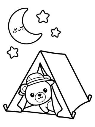 Desenho de Cute Little Bear in a Camping Tent para colorir e imprimir grátis