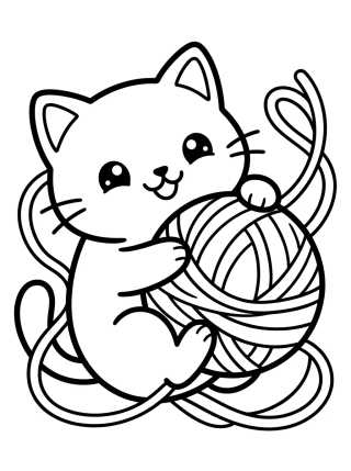 Desenho de Kawaii Kitty Playing with Yarn para colorir e imprimir grátis