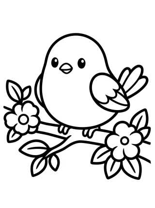 Desenho de Kawaii Bird on a Flowering Branch para colorir e imprimir grátis