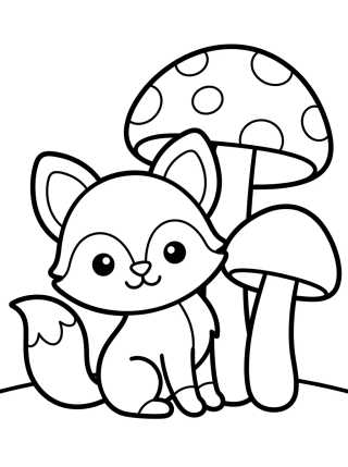 Desenho de Cute Little Fox with Mushrooms para colorir e imprimir grátis