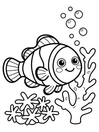 Desenho de Kawaii Clownfish in the Coral para colorir e imprimir grátis
