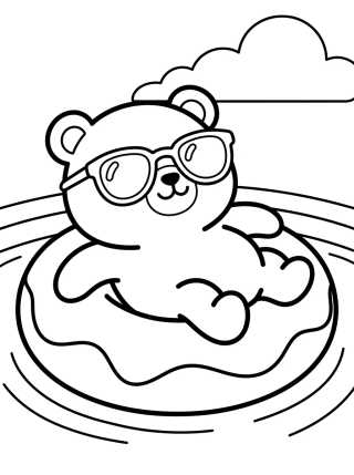 Desenho de Cute Bear in a Pool Donut Float para colorir e imprimir grátis