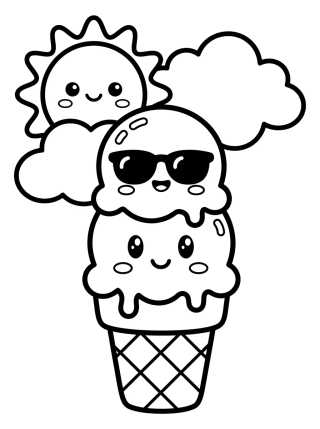 Desenho de Kawaii Ice Cream Cone in the Sun para colorir e imprimir grátis