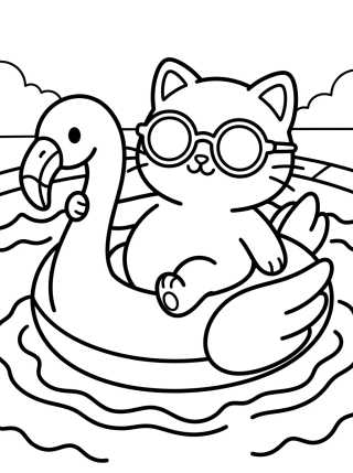 Desenho de Kitten on a Flamingo Pool Float para colorir e imprimir grátis