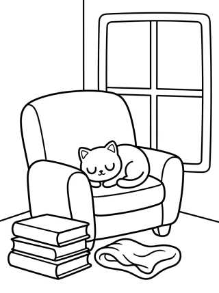 Desenho de Cozy Reading Nook with Kitty para colorir e imprimir grátis